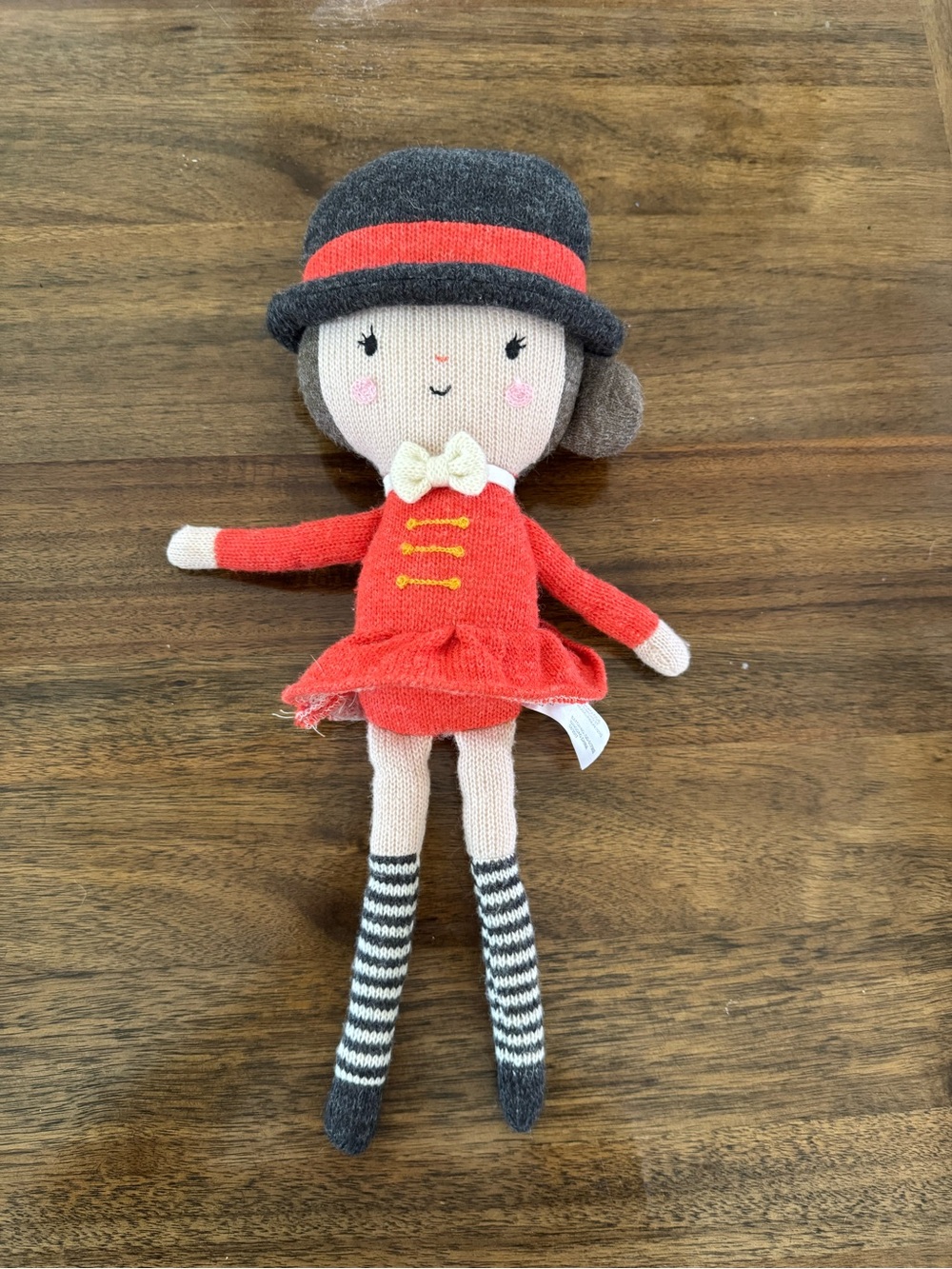 Anthropologie Red Knit Doll with Gray Hat and Striped Legs